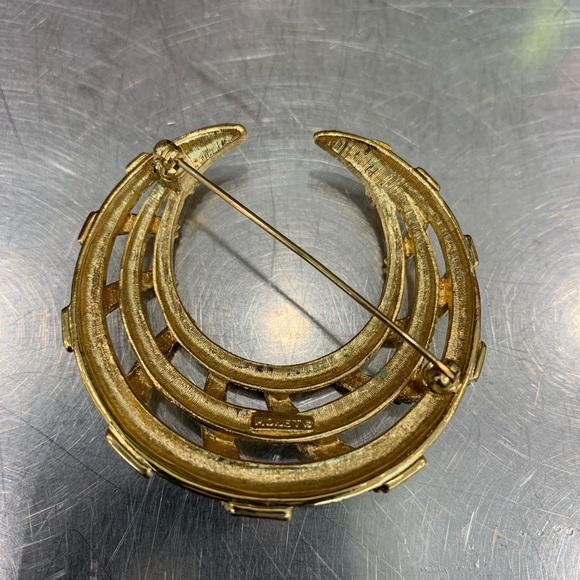 Monet Vintage Crescent Brooch Brushed Gold Tone Domed Open Work Textured Signed - Picture 2 of 5